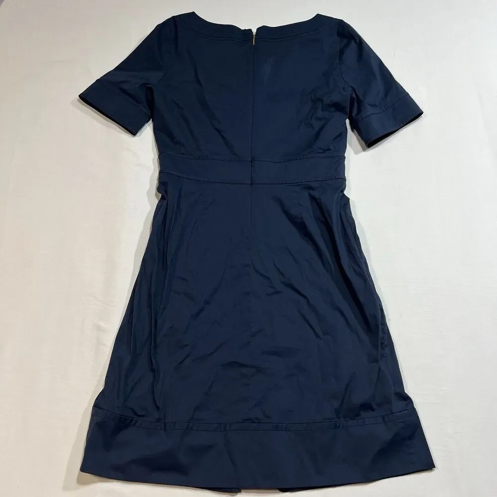 Tory Burch Navy Blue Cotton Blend Sheath Dress Short Sleeve Logo Zipper Size 6